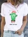 Casual white short sleeve t-shirt featuring cute Christmas cactus graphic print. - S / Christmas Cactus Style (ESL31141) / White