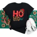 Black Christmas short sleeve t-shirt featuring a festive leopard print HO HO HO graphic. - S / Tops / Black (bt9010)