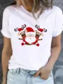 Closeup detail of Christmas graphic T-shirt featuring cute Santa and reindeer cartoon print. - S / Cartoon Santa Reindeer Style (ESL31135) / White