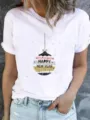 Women short sleeve white t-shirt with happy new year holiday graphic casual summer top tee - S / Christmas Bauble Style (ESL31134) / White