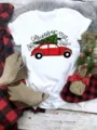 White short sleeve t-shirt featuring a vintage red car and Christmas tree graphic. - S / Red Car Christmas Tree (QLO31108) / White