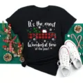 Christmas black short sleeve t-shirt with red buffalo plaid truck tree graphic casual top - S / Red Plaid Truck (BT8523) / Black