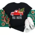 Christmas graphic short sleeve black t-shirt for women and men, holiday casual top. - S / Red Vintage Car (BT8524) / Black