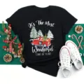 Christmas graphic short sleeve black t-shirt with red truck and holiday tree design. - S / Vintage Red Truck Slogan (BT8525) / Black