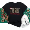 Black Christmas leopard print short sleeve t-shirt casual holiday graphic top for women - S / Tops / Black (bt9011)