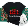 Christmas buffalo plaid camper graphic short sleeve black t-shirt casual holiday tee top - S / Red and Black Plaid Camper (BT8527) / Black