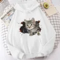 Casual white long sleeve hooded sweatshirt featuring cute 3D tabby cat graphic print for women. - XS / Tops / White