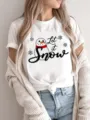 Casual white short-sleeve t-shirt featuring a cute Christmas snowman graphic and winter quote. - S / Top (FYA31093)