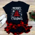 Christmas graphic short sleeve black T-shirt with festive plaid tree and text print. - S / Tops / Black