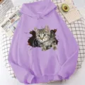 Purple casual cute cat print hoodie long sleeve loose pullover women stylish sweatshirt top - Purple