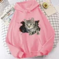 Pink hooded sweatshirt for women featuring cute cat print, long sleeve casual pullover top. - XS / Tops / Pink