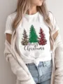 Detail shot of a casual women white short sleeve t shirt with cute christmas tree graphic print - S / Top (FYA31088)