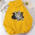 Yellow hoodie variant, casual long sleeve pullover with cute 3D cat print design for women. - Yellow