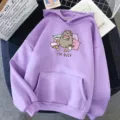 Women's cute cartoon cat print long sleeve hoodie casual purple hooded sweatshirt with pocket - S / Tops / Purple