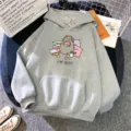 Women grey cartoon cat print hooded sweatshirt casual long sleeve pullover with pocket - Gray