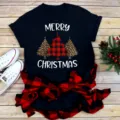 Weihnachtsbaum Kurzarm T-Shirt Karo Buffalo Plaid Feiertag Oberteil Unisex Neu - S / Oberteile / Schwarz