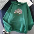 Dark Green Cartoon Cat Print Casual Hoodie Women Long Sleeve Pocket Pullover Sweatshirt - S / Tops / Dark Green