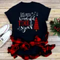 Christmas graphic short sleeve T-shirt with plaid tree design for women casual wear - S / Tops / Black