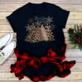 Christmas leopard print short sleeve black T-shirt casual women holiday top wear - S / Tops / Black