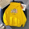 Cute cartoon cat print yellow hoodie for women casual long sleeve hooded sweatshirt - Yellow