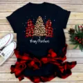 Christmas short sleeve t-shirt with leopard tree print, casual black tee for women and men. - S / Tops / Black