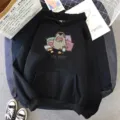 Black hooded sweatshirt for women featuring a cute cat graphic and long sleeves casual streetwear. - Black