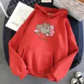 Casual red hooded sweatshirt with cute cartoon cat graphic and letter print for women. - Red