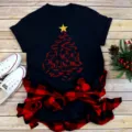 Black Christmas tree plaid short sleeve t-shirt, festive holiday casual top for unisex. - S / Tops / Black