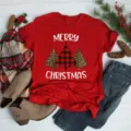 Red Christmas short sleeve T-shirt with festive tree print and holiday lettering. - S / Tops / Red