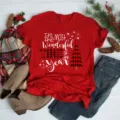 Festive red short sleeve T-shirt with Christmas graphic print, comfortable casual holiday tee. - S / Top (BT8198) / Red