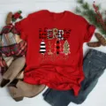 Red short sleeve Christmas graphic T-shirt with festive typography and tree print. - S / Top(BT10990) / Red