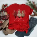 Christmas Tree Print Short Sleeve Red T-Shirt Festive Holiday Top for Women - S / Top(BT10992) / Red