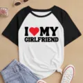 Camiseta casual de manga corta raglán con estampado de corazón romántico para diario. - S / Tops / Negro y Blanco (40126)