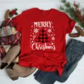 Red Christmas short sleeve T-shirt with plaid tree print for holiday casual wear. - S / Tops / Red