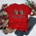 Red Christmas tree print short sleeve T-shirt, festive casual graphic tee top for women. - S / Tops / Red