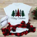 Christmas tree buffalo plaid graphic short sleeve white t-shirt casual holiday top for women - S / Tops / White (BT11002)