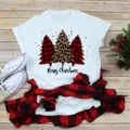 Christmas leopard buffalo plaid print short sleeve t-shirt casual holiday tee top for women - S / Three Leopard Print Christmas Trees Top (BT11004) / White