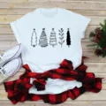 Women Christmas Tree Graphic Short Sleeve T-Shirt Casual Holiday White Cotton Round Neck Tee - S / Hand-drawn Christmas Tree Top (BT11005) / White