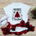 Christmas Buffalo Plaid Tree Short Sleeve White T-shirt Casual Holiday Party Tees - S / Red/Black Plaid Christmas Tree Top (BT11006) / White