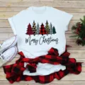 Christmas white short sleeve t-shirt with plaid leopard trees graphic variant style - S / Tops / White Patchwork Christmas Tree Print (BT11007)