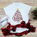 Christmas short sleeve t-shirt with red black plaid tree graphic design for holiday wear. - S / Tops / White Red & Black Plaid Christmas Tree (BT11008)