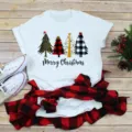 Christmas tree print white short sleeve T-shirt, casual holiday style variant top for women. - S / Tops / White Multiple Christmas Trees (BT11009)