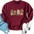 Christmas gingerbread men print crewneck long sleeve sweatshirt for women and men casual top - Burgundy
