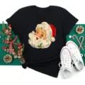 Black short sleeve t-shirt with vintage retro Santa Claus graphic print for Xmas. - S / Tops / Black (bt9014)