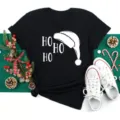 Christmas short sleeve black T-shirt with Santa hat and letter print for men and women. - S / Tops / Black (bt9015)