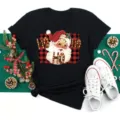 Vintage Christmas Santa Claus graphic t-shirt for women, casual black short sleeve top. - S / Tops / Black (bt9016)