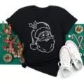 Black Christmas Santa Claus short sleeve T-shirt, festive holiday casual graphic tee top. - S / Tops / Black (bt9017)