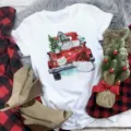 Christmas Gnome Red Truck Print Women Short Sleeve T-Shirt Festive Casual Holiday Top - S / Top - Christmas Red Car and Festive Gnomes (BT8531) / White