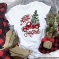 Christmas red truck graphic print short sleeve white t-shirt for women holiday casual top - S / Top - Red Vintage Car (BT8532) / White