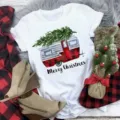 Christmas camper tree print short sleeve white t-shirt casual holiday women top tee shirt - S / Tops / White (BT8533)